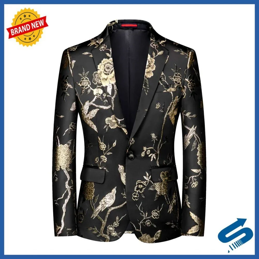 Men's Formal Blazer Floral Embroidery Slim Fit Sport Coat Wedding Prom